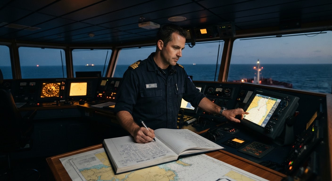 Ship officer reviewing a logbook on the bridge at dusk.